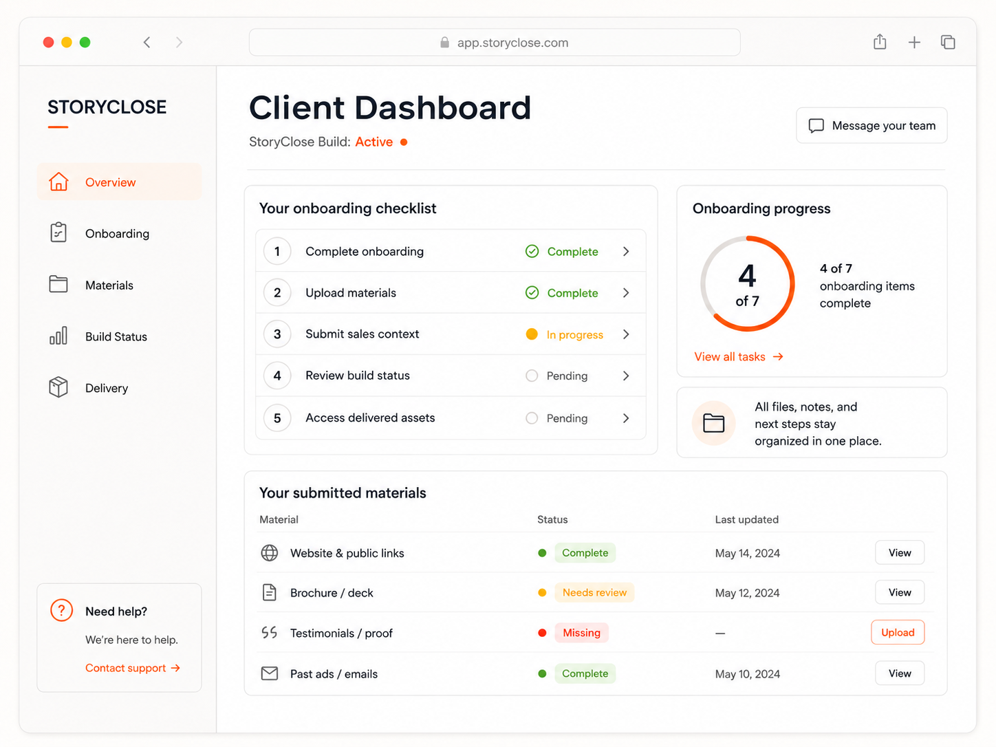 StoryClose client dashboard showing onboarding checklist, material uploads, build status, and delivered assets.