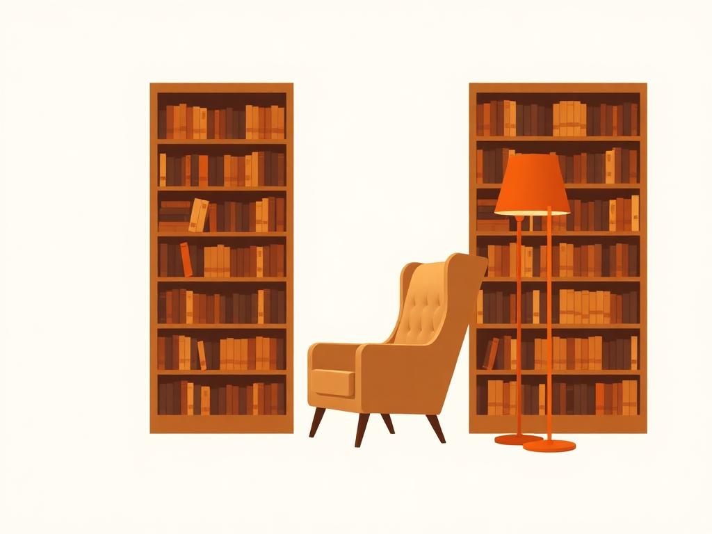 Editorial illustration of a quiet library reading nook with an armchair