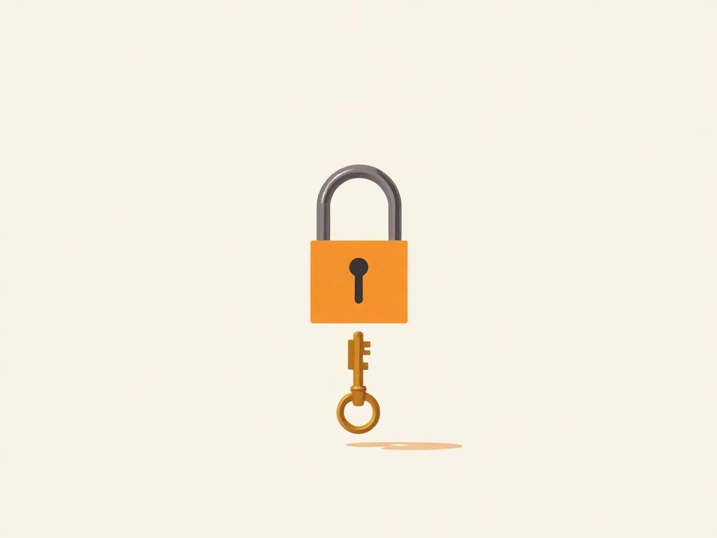 Editorial illustration of a key approaching an open padlock